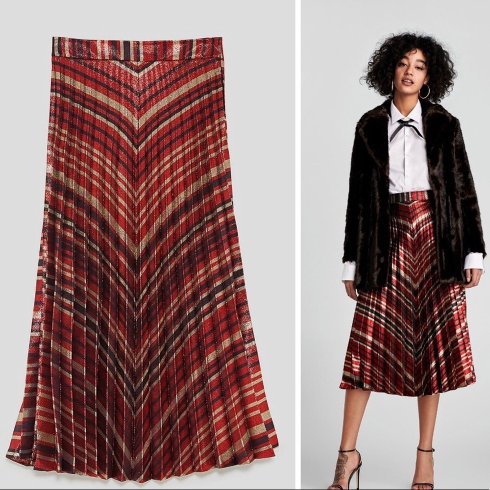 ❌❌SOLD❌❌ZARA PLEATED METALLIC STRIPED HIGH WAIST MIDI SKIRT
